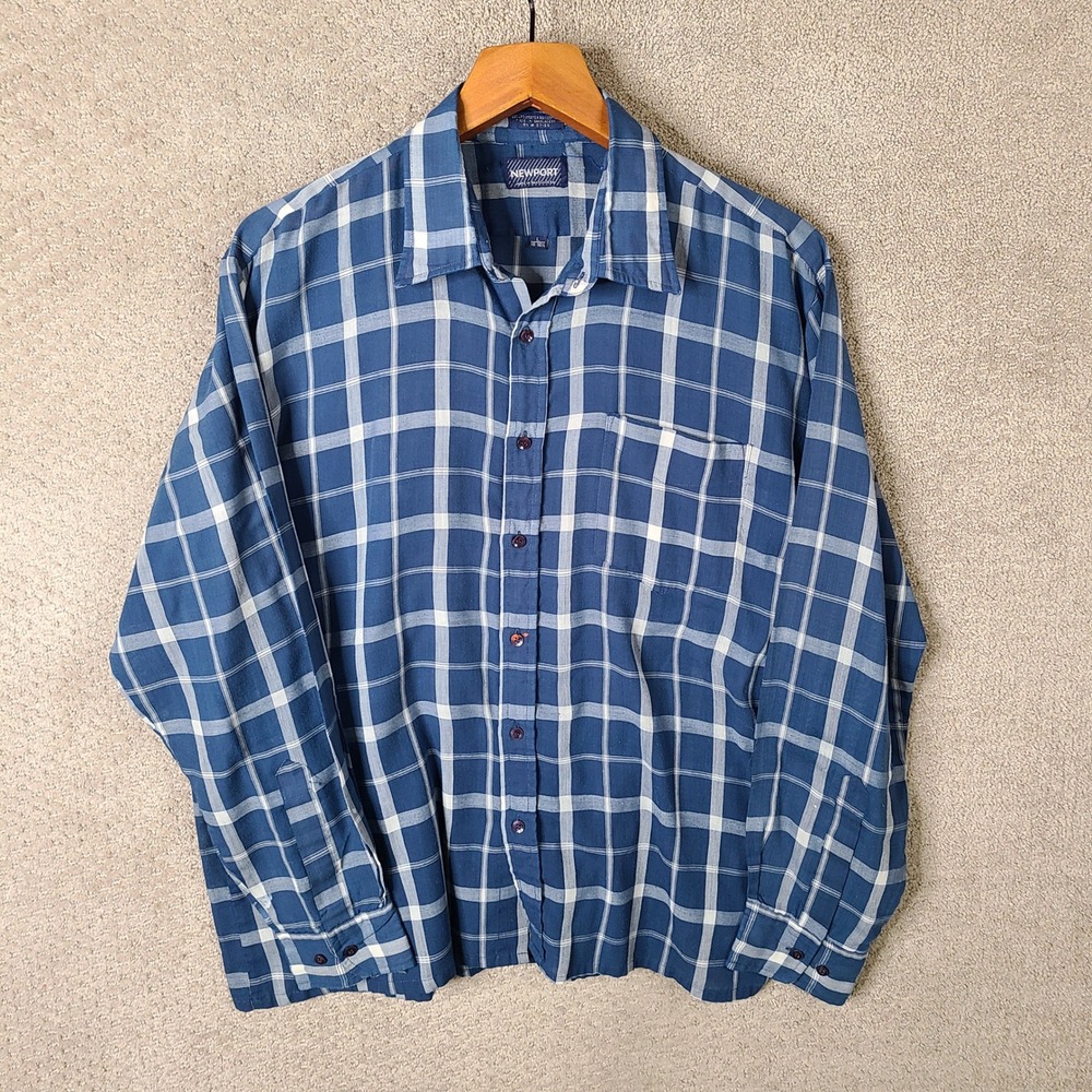 Vintage Newport Shirt Mens L Blue Plaid Button Down Long Sleeve Polyester Cotton